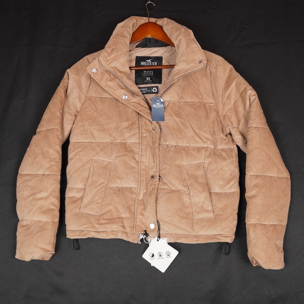 Hollister Corduroy Puffer Jacket Women XS Tan Brown Quilted Recycled Fill NWT
